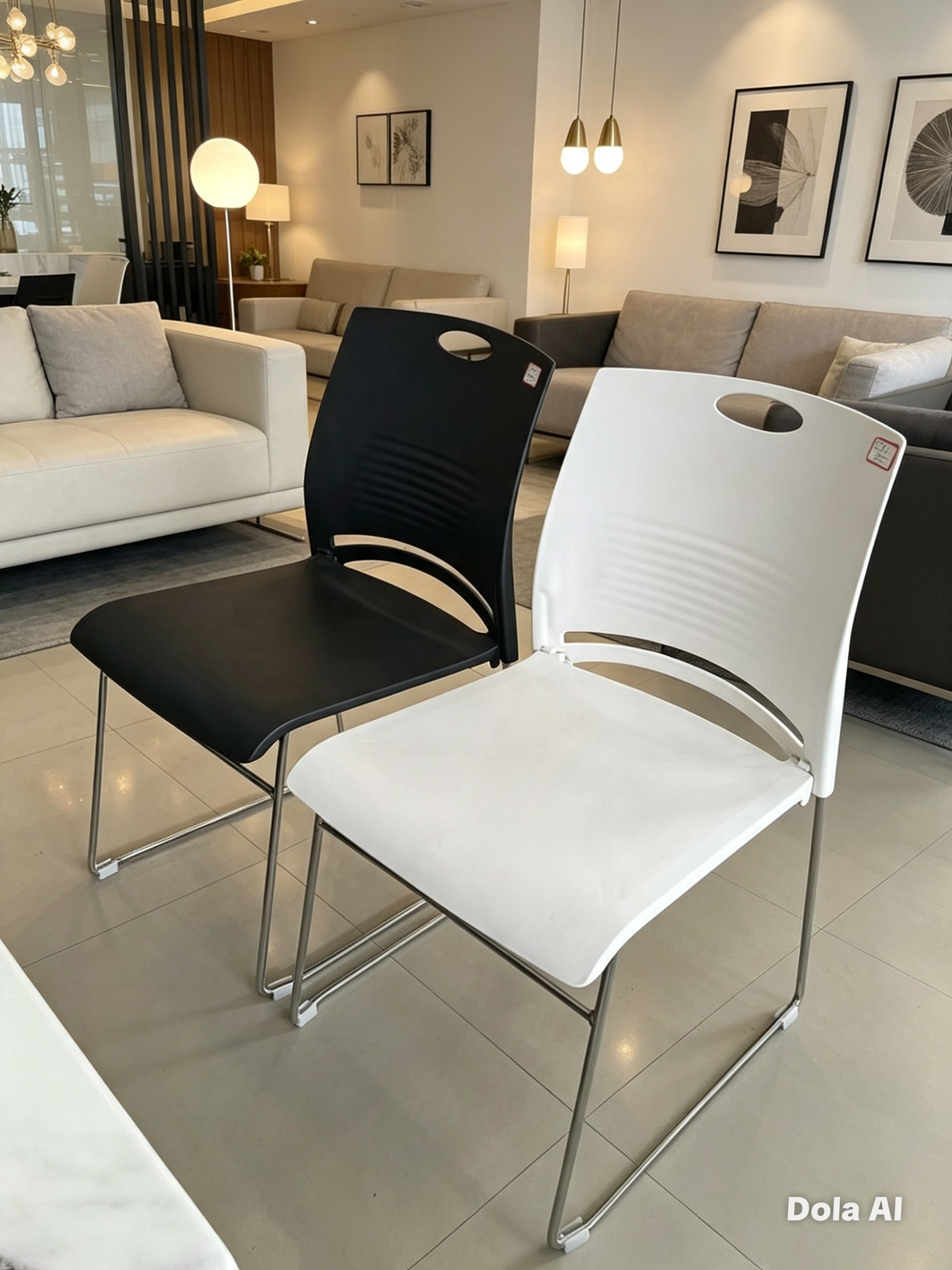 Plastic Cantilever Stackable Chair — Black & White, No Wheels