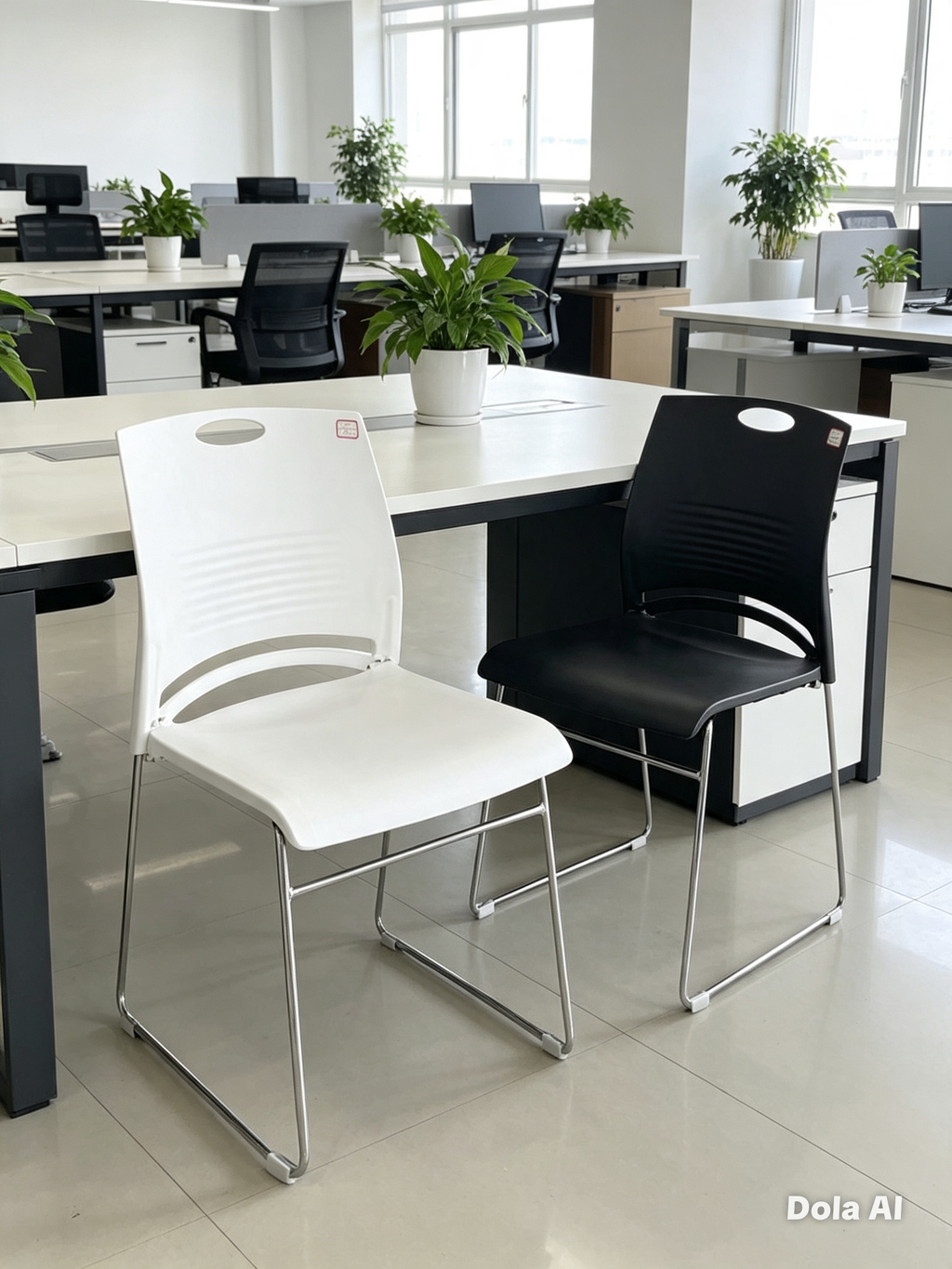 Plastic Cantilever Stackable Chair — Black & White, No Wheels