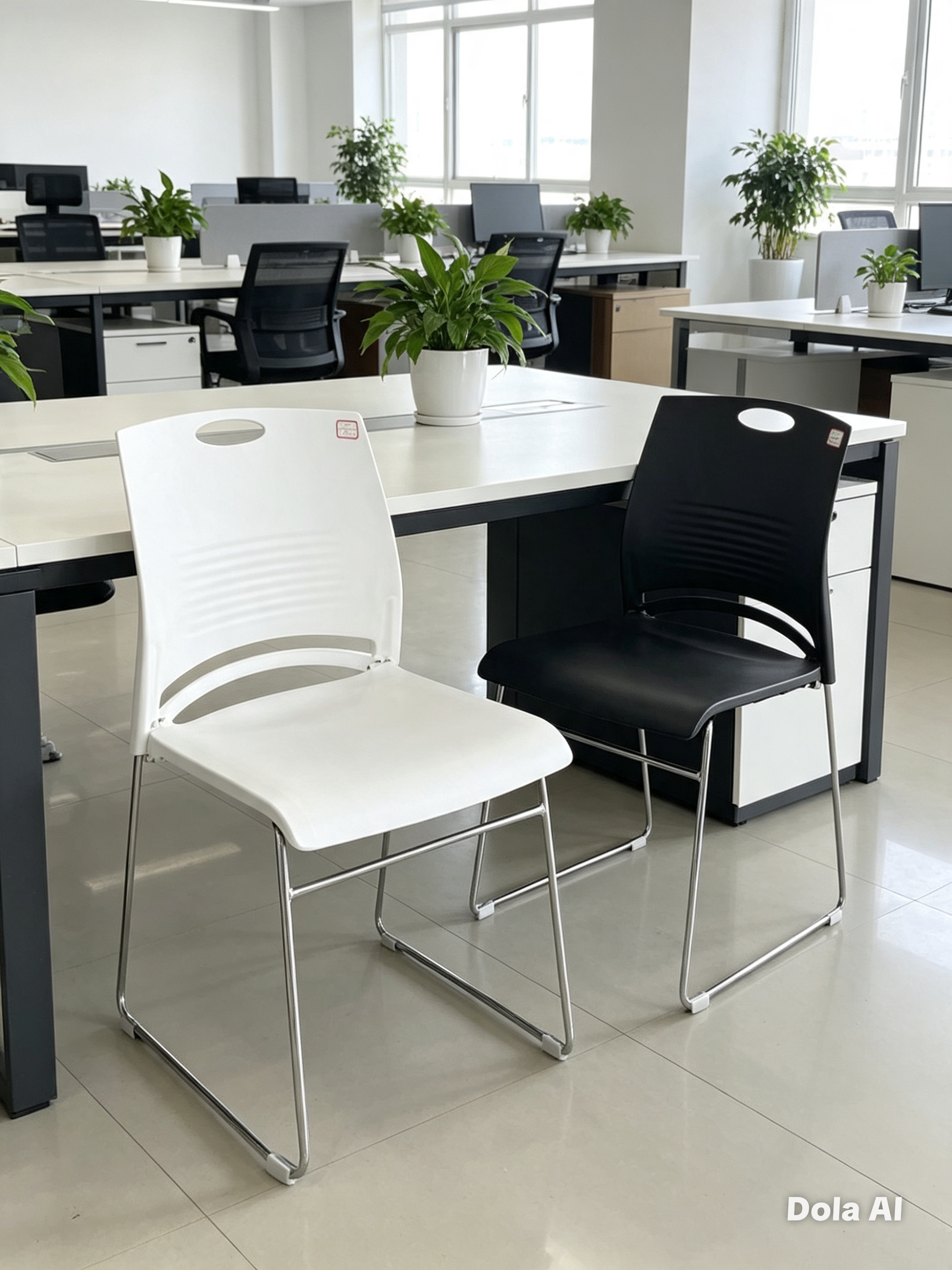 Plastic Cantilever Stackable Chair — Black & White, No Wheels