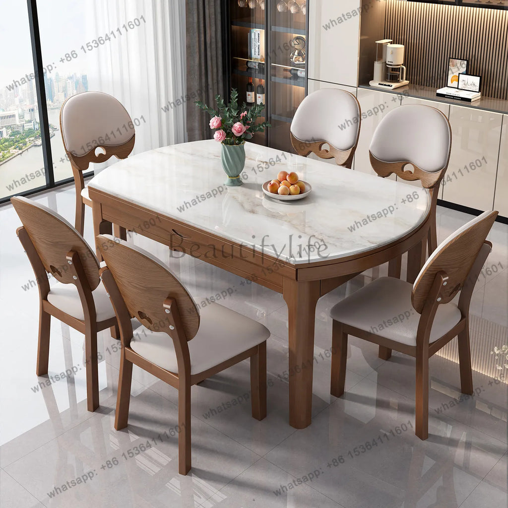 Microcrystalline stone dining table household solid wood variable round telescopic modern simplicity