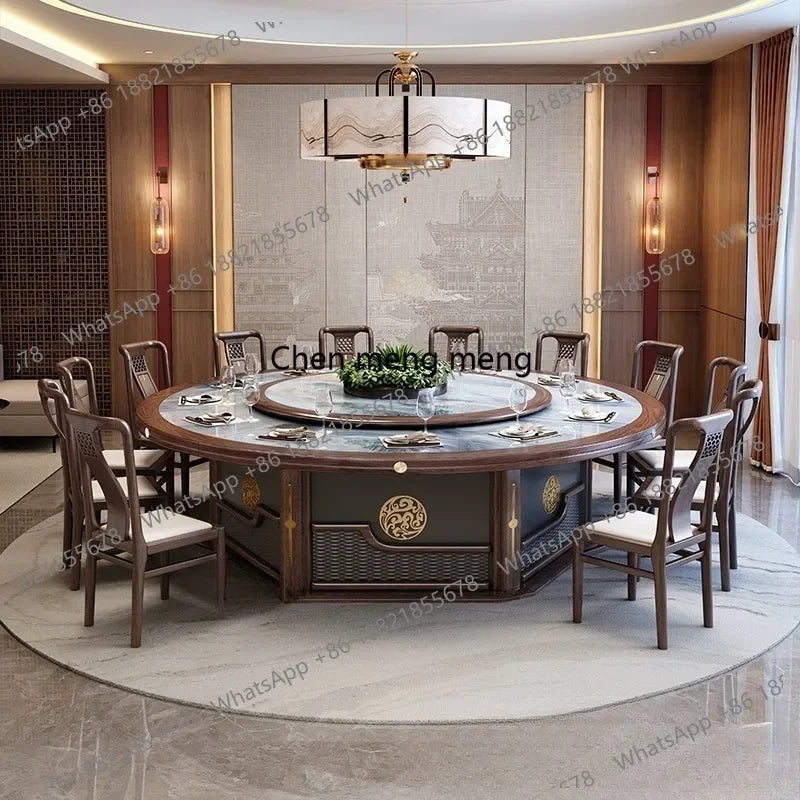 X  Hotel electric, large round table new Chinese solid wood slate, restaurant, dining table