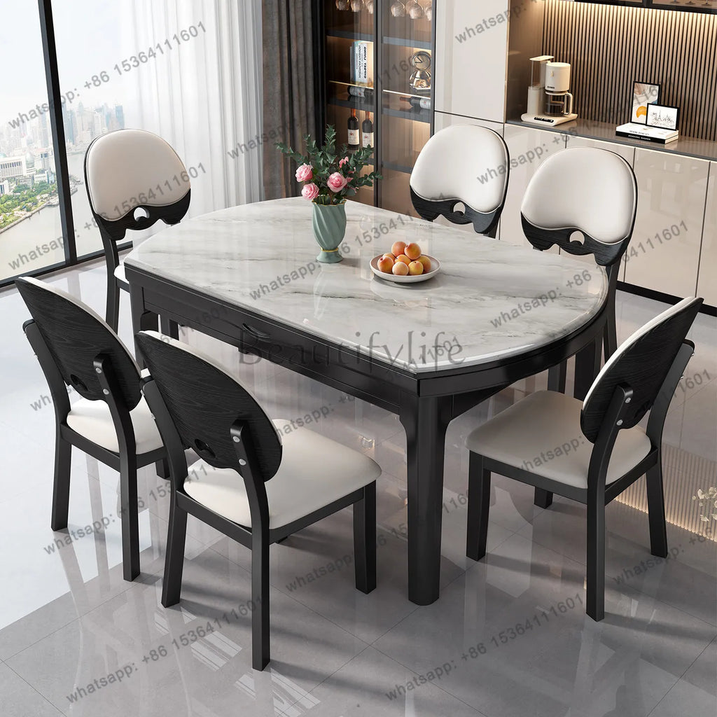 Microcrystalline stone dining table household solid wood variable round telescopic modern simplicity