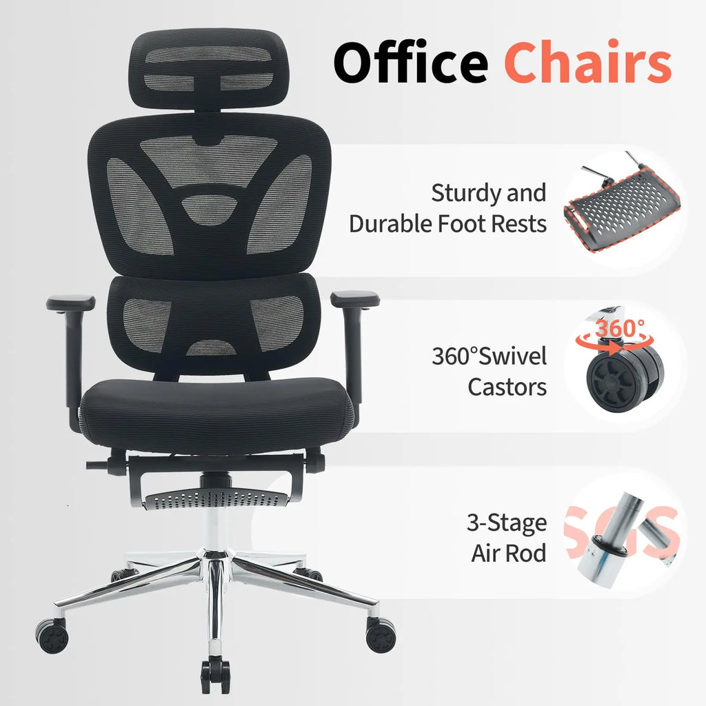 Ergonomic Mesh Office Chair High Back Adjustable Lumbar Support 3D Armrest Headrest Footrest Swivel Chair for Office Home Gaming