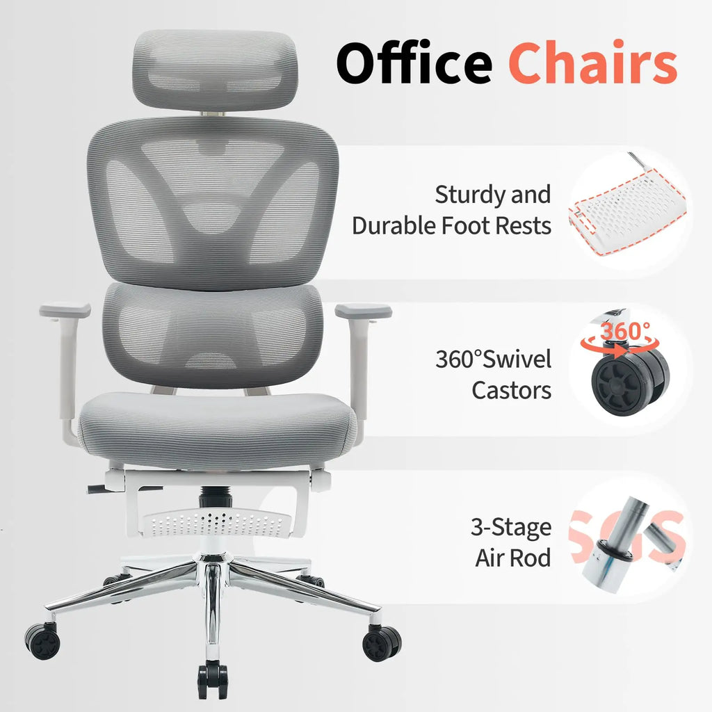 Ergonomic Mesh Office Chair High Back Adjustable Lumbar Support 3D Armrest Headrest Footrest Swivel Chair for Office Home Gaming