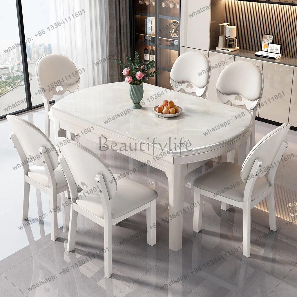 Microcrystalline stone dining table household solid wood variable round telescopic modern simplicity