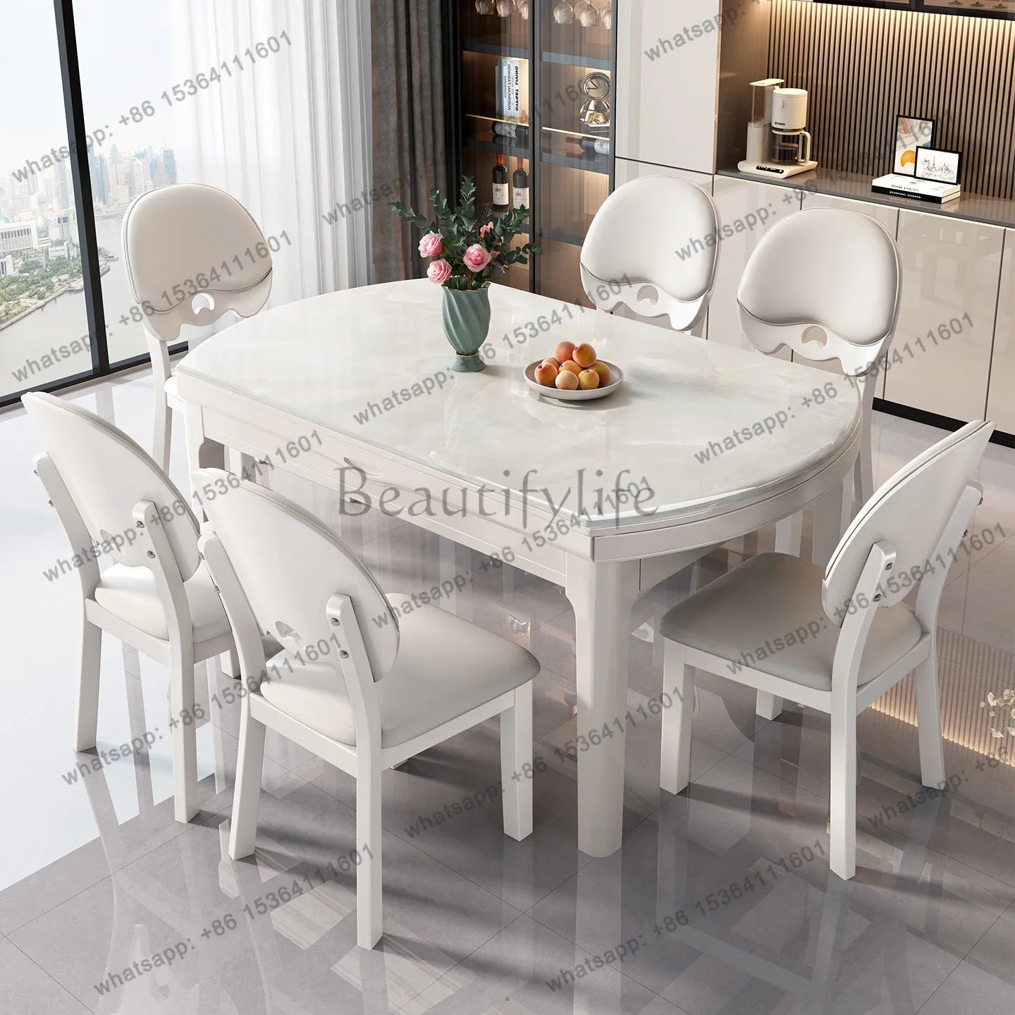 Microcrystalline stone dining table household solid wood variable round telescopic modern simplicity