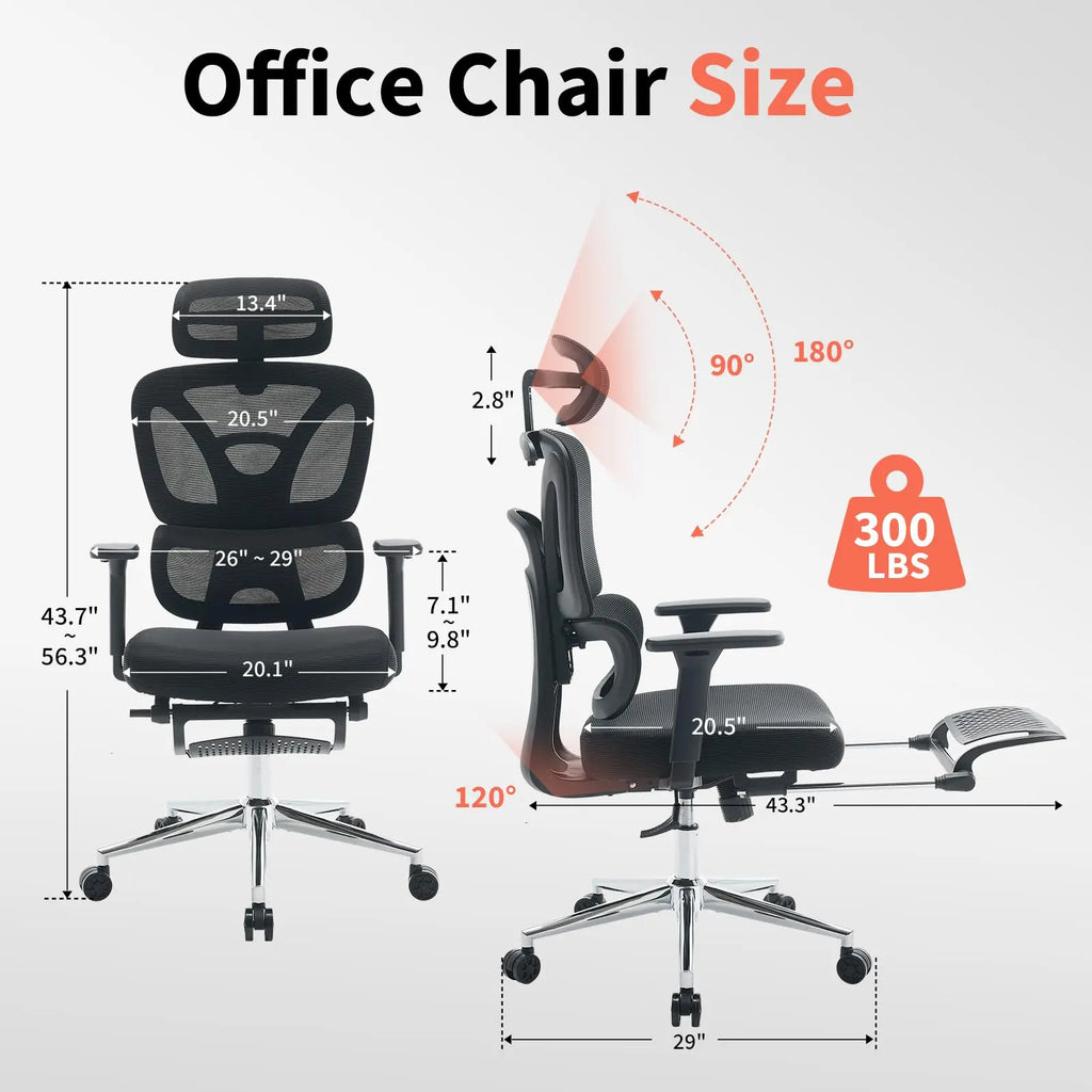 Ergonomic Mesh Office Chair High Back Adjustable Lumbar Support 3D Armrest Headrest Footrest Swivel Chair for Office Home Gaming