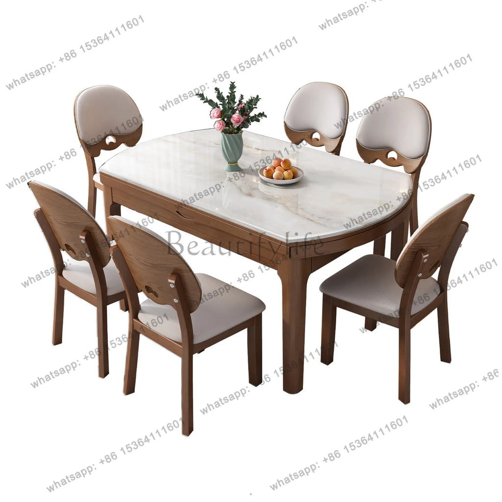 Microcrystalline stone dining table household solid wood variable round telescopic modern simplicity
