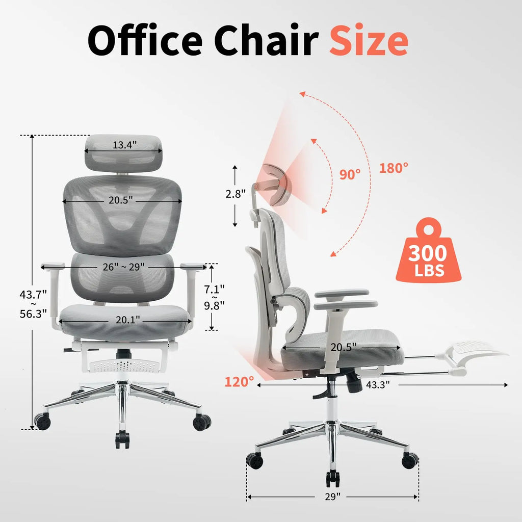 Ergonomic Mesh Office Chair High Back Adjustable Lumbar Support 3D Armrest Headrest Footrest Swivel Chair for Office Home Gaming