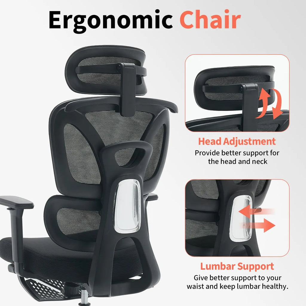 Ergonomic Mesh Office Chair High Back Adjustable Lumbar Support 3D Armrest Headrest Footrest Swivel Chair for Office Home Gaming