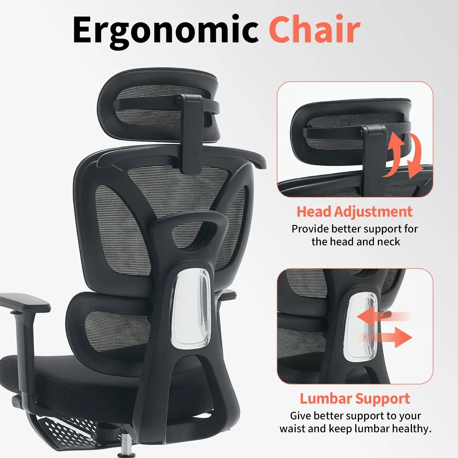 Ergonomic Mesh Office Chair High Back Adjustable Lumbar Support 3D Armrest Headrest Footrest Swivel Chair for Office Home Gaming